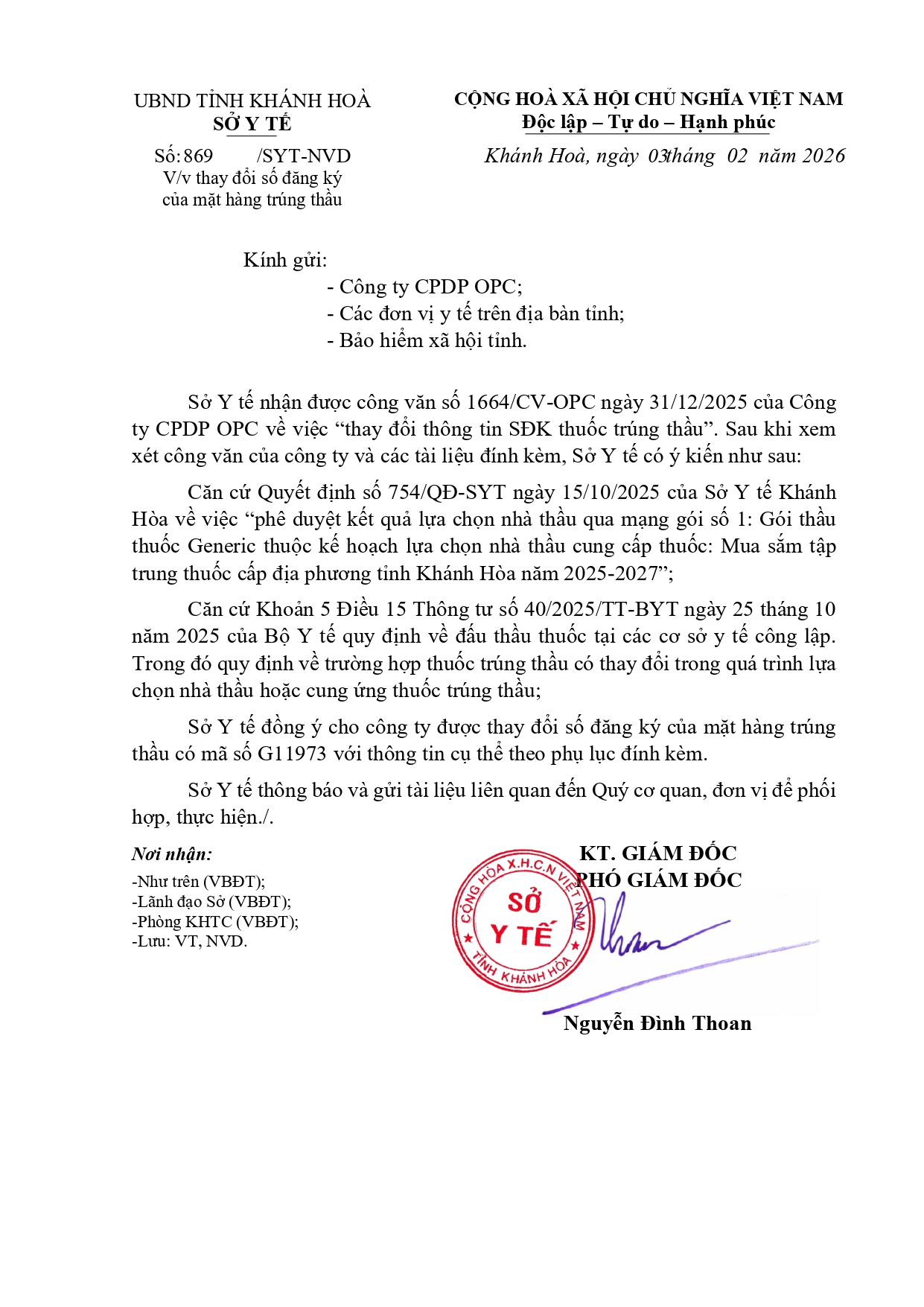 V/v thay đổi số đăng ký của mặt hàng trúng thầu